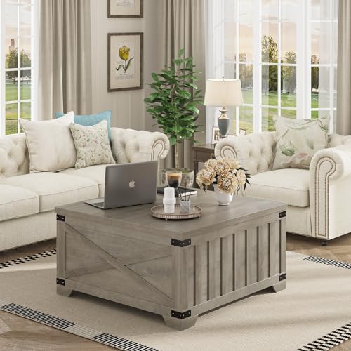 HOSTACK Farmhouse Coffee Table with Storage, 35.4" Square Center Table with Hinged Lift Top, Vintage Wood Cocktail Table with Thickened Top for Living Room, Home (Ash Gray) - WoodArtSupply