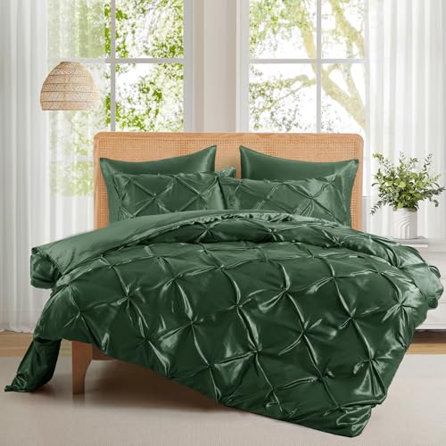 P Pothuiny 5 Pieces Satin Pintuck Duvet Cover Set, Silky Like Olive Green Pinch Pleat Duvet Cover Full/Queen Size Luxury Bedding Set with Corner Ties, 2 Pillow Shams + 2 Pillowcases (No Comforter) P Pothuiny