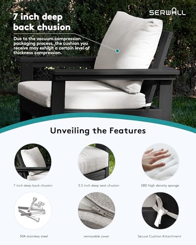 SERWALL HDPE Outdoor Patio Furniture Set, 7-Piece Outdoor Sectional Patio Conversation Set, All Weather Outdoor Couch Set Patio Sofa Set for Deck, Lawn, Black Frame with Khaki Cushion SERWALL