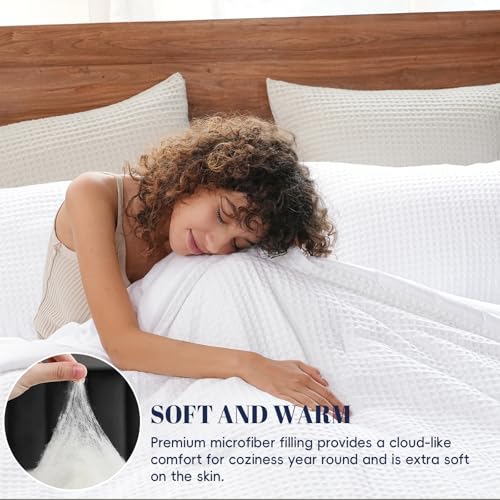 PHF Ultra Soft Waffle Weave Comforter Set King Size, 3 Pieces Lightweight Breathable Comfy Bedding Set, Comfy Textured 1 Comforter with 2 Pillow Shams, White PHF