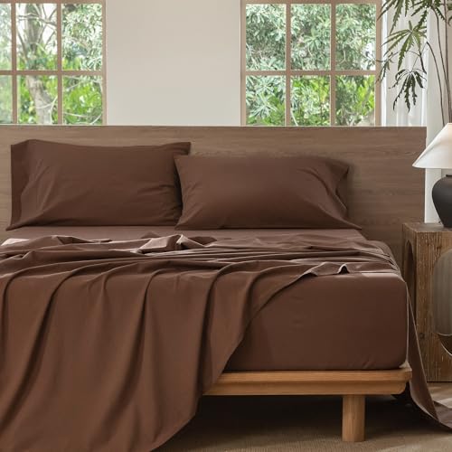 MooMee Bedding Sheet Set 100% Cotton Linen Like Textured Breathable Durable Soft Comfy (Solid Cocoa Brown, Queen) MooMee