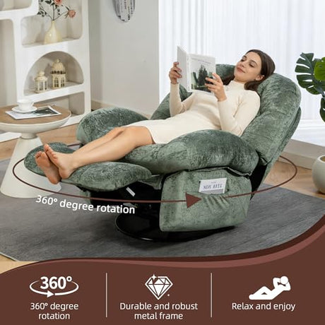 AISALL Recliner Chair for Adults, 360° Swivel Manual Recliner with Side Pocket, Nursery Rocking Chair with Comfortable Chenille Arms and Back for Living Room, Bedroom, Reading (Green) AISALL