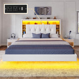 YITAHOME Queen Size Floating Bed Frame with RGB LED Lights, Bookcase Storage Headboard Beds with Charging Station, Upholstered Platform with Heavy Duty Wood Slat, No Box Spring Needed, Beige YITAHOME