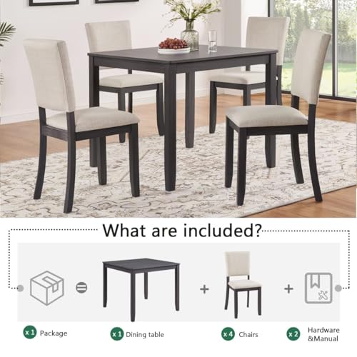 JIJIWANG Modern 4 Person Dining Table Set with 4 Chairs, Dining Table Set for 4 People, 5-Piece Wooden Dining Table Sets for Living Room, Kitchen and Dining Room, Antique Black + Beige JIJIWANG