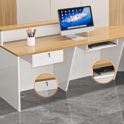 LITFAD L-Shape Computer Front Desk Manufactured Wood Reception Desk with Hutch, Cable Management and Keyboard Tray, Modern Checkout Counter for Office, Beauty Salon, Right Corner - White/Orange LITFAD