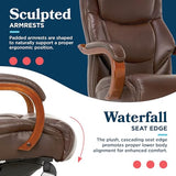 La-Z-Boy Delano Big & Tall Executive Office Chair, Ergonomic Mid-Back Body Pillow Lumbar Support, ComfortCore Memory Foam Cushion, Mahogany Wood Arms & Swivel Base, Bonded Leather, Chestnut Brown La-Z-Boy
