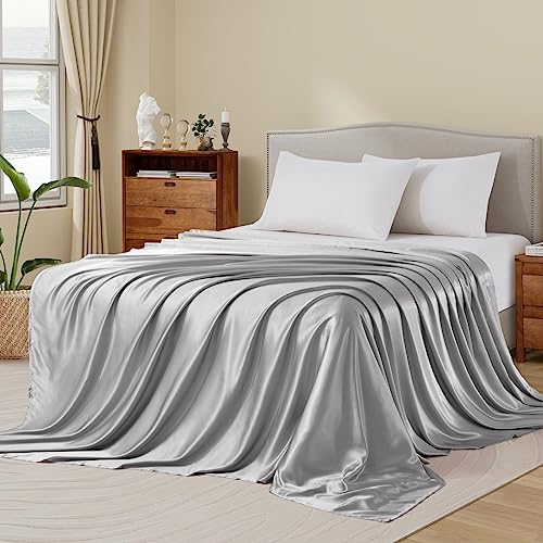 Ersmak Satin Flat Sheet Only, Single Flat Sheet King, Luxury & Ultra Soft Silky Bedding Top Sheet for King Mattress - Grey Ersmak