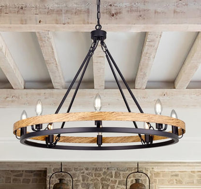 Wellmet Rustic Chandelier, Wood Painted Chandelier, 8-Light Farmhouse Wagon Wheel Chandelier for Living Room, Dining Room, Bedroom, Corridor, Hallway, Entryway