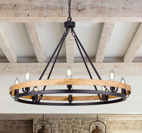 Wellmet Rustic Chandelier, Wood Painted Chandelier, 8-Light Farmhouse Wagon Wheel Chandelier for Living Room, Dining Room, Bedroom, Corridor, Hallway, Entryway Wellmet