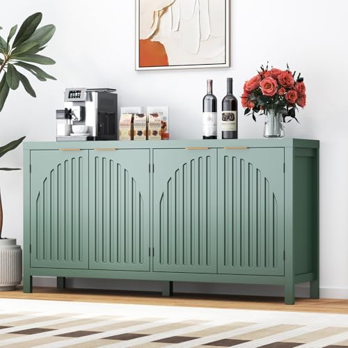 SAHISTCT 58" Modern Fluted Sideboard Buffet Cabinet with Storage, Modern Credenza with Arched Doors, Coffee Bar Table, Wood Media TV Console Table Credenza for Living Room Hallway Entryway (Green) SAHISTCT
