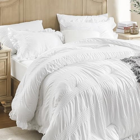 Queen Comforter Set Seersucker 7 Pieces Luxury Ruffle Bed in a Bag Queen Size for All Season White Bedding Set with Comforter, Pillowcases, Flat Sheet, Fitted Sheet and Pillow Shams QUIETSEA