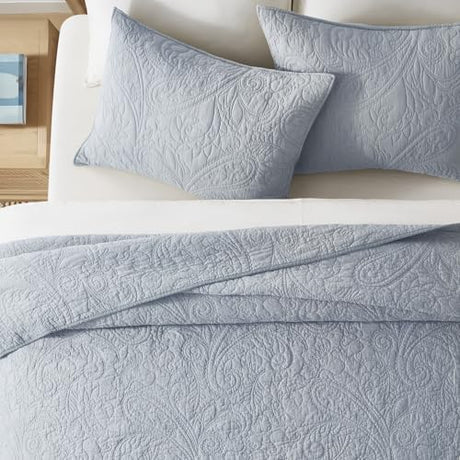 EVERGRACE 100% Cotton Paisley Quilt Set, King Size 3 Piece Set – Prewashed Lightweight Bedspread with 2 Shams, Soft & Breathable Matelasse Coverlet for All-Season Comfort, Pearl Blue EVERGRACEHOME