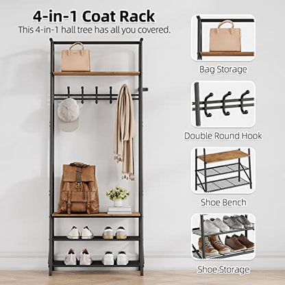 IDEALHOUSE Coat Rack Shoe Bench with 5 Hooks, Hall Trees Entryway Bench with Storage, Multifunctional Hallway Organizer, Wood Look Accent Furniture with Metal Frame for Entryway, Living Room, - WoodArtSupply