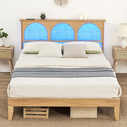 IDEALHOUSE Boho Queen Bed Frame with Natural Rattan Headboard and LED Lights - WoodArtSupply