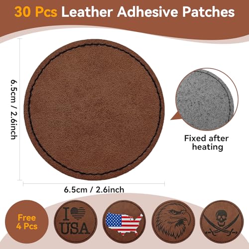 Harsgs 34PCS Blank Leatherette Hat Patches, Retangle Laserable Rustic Leatherette Patch with Adhesive for Heat Press/Transfer Iron-on, Round Deep Brown Harsgs