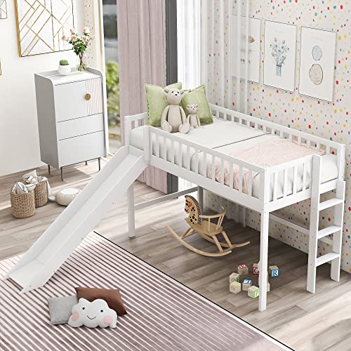 Twin Size Low Loft Bed with Removable Slide and Safety Rails by RORIGAT – Solid Pine Wood Frame, Space-Saving Design in White - WoodArtSupply