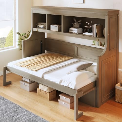 SOFTSEA Twin Size Horizontal Murphy Bed with Desk, Foldable Wall Bed Frame with Storage Shelves, Space-Saving Twin Murphy Bed Cabinet for Small Space Guest Room Home Office, Grey SOFTSEA