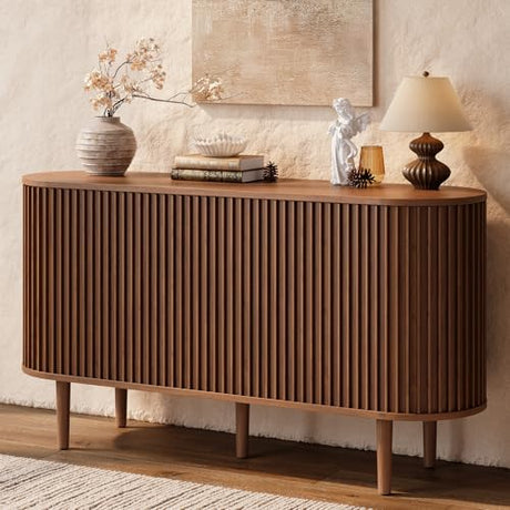 ONBRILL 55" Buffet Sideboard Cabinet with Sliding Doors, Mid-Century Modern Sideboard Buffet Cabinet with Storage & Adjustable Shelves, Accent Coffee Bar Console Table for Kitchen, Entryway, Walnut ONBRILL