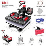 Heat Press 8 in 1, Pro Heat Transfer Machine 12"X15", Digital 360° Swing Away Tshirt Press Machine Combo, t Shirt Maker Printing Sublimation Heat Press Machine for T-Shirts Hat/Cap Mug Plate WOOKRAYS
