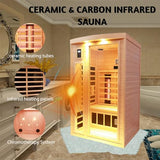 KUNSANA Ceramic Infrared Sauna, 2 Person Infrared Saunas for Home, Hemlock Wood Sauna Room, 2 in 1 Indoor Sauna with Low EMF Heaters + Ceramic Heating Cubes-Chromotherapy-Bluetooth Speaker KUNSANA
