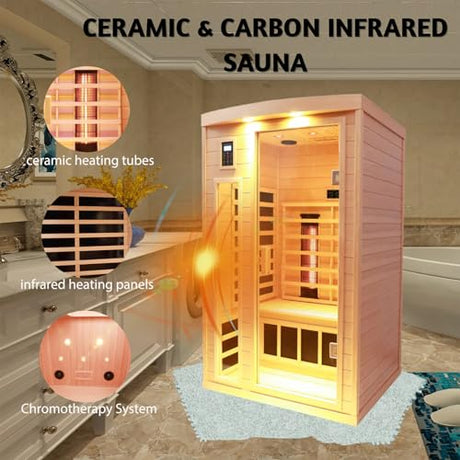 KUNSANA Ceramic Infrared Sauna, 2 Person Infrared Saunas for Home, Hemlock Wood Sauna Room, 2 in 1 Indoor Sauna with Low EMF Heaters + Ceramic Heating Cubes-Chromotherapy-Bluetooth Speaker KUNSANA