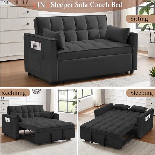 QKFF Convertible Sleeper Sofa Bed, 3 in 1 Modern Velvet Loveseat Futon Sofa Couch with Pullout Bed Reclining Backrest Toss Pillows Pockets for Living Room(Black) QKFF