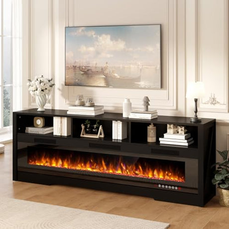 PRETZI 65" Fireplace TV Stand with 60" Glass Electric Fireplace for TVs Up to 75 inch, Modern Fireplace Entertainment Center with Open Storage Shelf, Media Console TV Cabiet for Living Room, Black PRETZI
