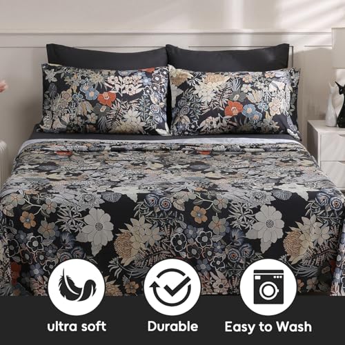 LONAVA Flower King Size 6 Pcs Sheet Set, Breathable Microfiber Deep Pocket Black Fitted Sheets, Comfy & Breathable Patterned Flat Sheets,4 Gentle Soft Pillowcases, Midnight Blossoms LONAVA