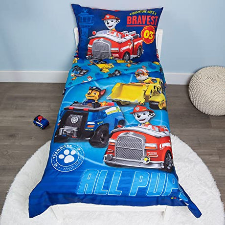 Paw Patrol Calling All Pups 4 Piece Toddler Bedding Set – Includes Comforter, Sheet Set – Fitted + Top Sheet + Reversible Pillowcase for Boys Bed, Blue Paw Patrol