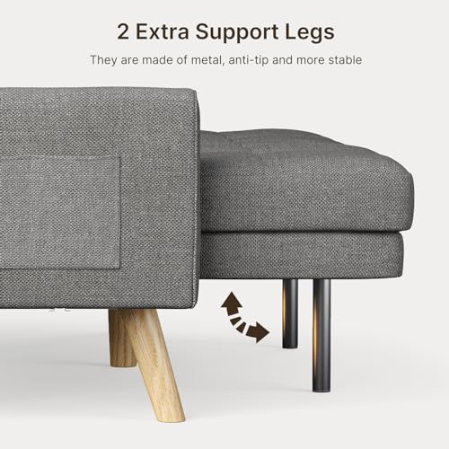 Gizoon Futon Sofa Bed, 70.9" Futon Couch with Adjustable Backrest, Removable Armrest for Extended Length, Mid Century Modern Loveseat for Living Room, 6 Wood Legs, 2 Metal Support Rods, Dark Grey Gizoon