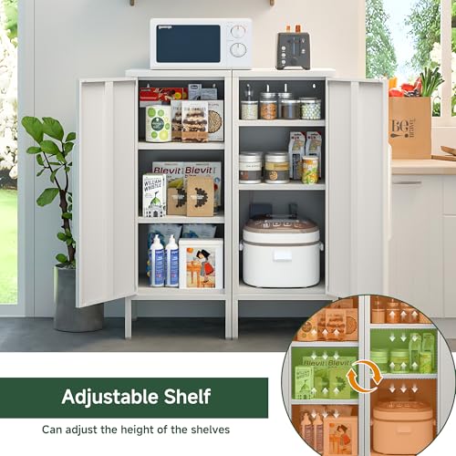 PEROKIER Metal Storage Cabinet with 2 Adjustable Shelves Freestanding White Storage Cabinets with Door for Office Kitchen Bathroom Living Room Pantry Garage PEROKIER