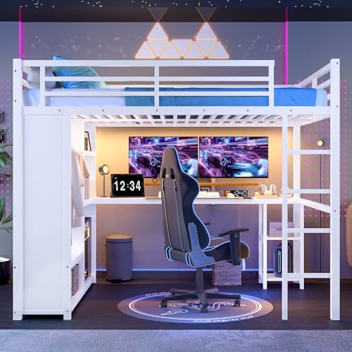 Bellemave Queen Size Loft Bed with Desk, Wardrobe, Metal Queen Loft Bed Frame for Adults, Kids, Teens, White Bellemave