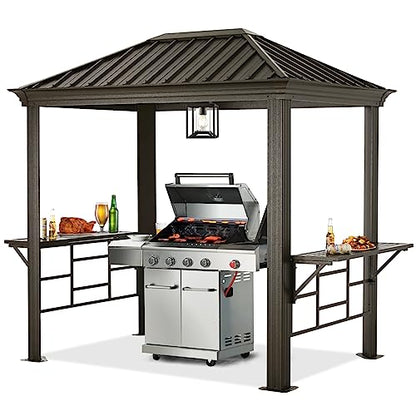 ABCCANOPY Grill Hardtop Gazebo 6x8 - Outdoor Metal Hard Top Gazebo, Permanent Galvanized Steel BBQ Gazebo Aluminum Framed Pavilion with Shelves for Patio Backyard Lawn Garden (Single Roof, Dark Brown)