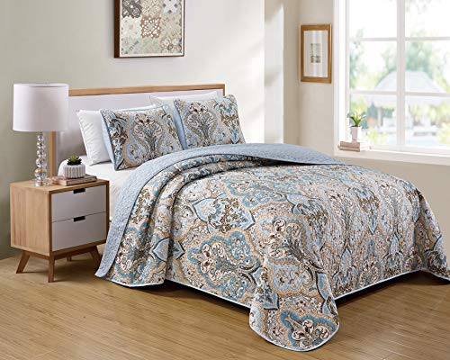Luxury Home Collection 3 Piece Full/Queen Quilted Reversible Coverlet Bedspread Set Floral Printed Blue Taupe Luxury Home