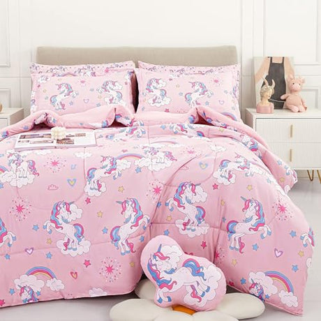 Mooreeke Kids Twin Comforter Sets for Girls 6 Pieces Pink Unicorn Bedding Set for Teens Soft Microfiber Kids Bed in A Bag with Comforter, Sheet Set, Shams and Decorative Toy Pillow All Season Mooreeke