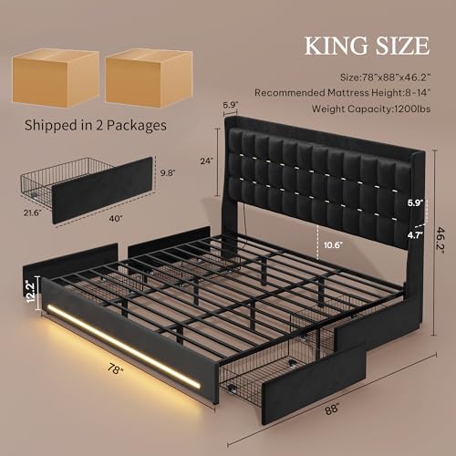 YITAHOME King Size Bed Frame with 4 Drawers and RGB LED Lights, Velvet Upholstered Platform Bed with Charging Station and Storage Headboard, No Box Spring Needed, Easy Assembly, Noise-Free, Black YITAHOME