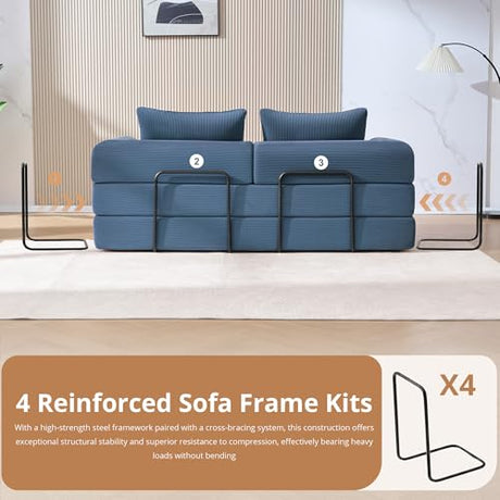 YUUIJOAA 4-in-1 Folding Convertible Sofa Bed, 78 Inch Oversized Corduroy Loveseat Sleeper with Pull Out Bed, Boneless Futon Couch for Living Room Apartment, No Assembly Needed, Blue YUUIJOAA