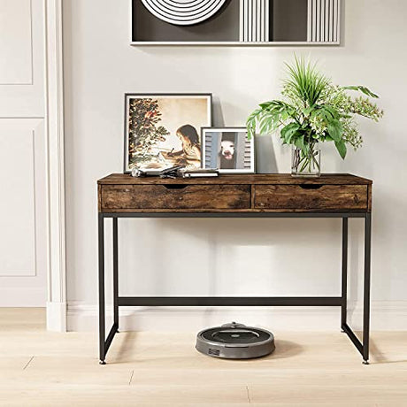 Bestier Small Rectangular Office Writing Computer Workstation Vanity Makeup Desk Minimal Elegant Simple Style with 2 Large Drawers, Rustic Brown Bestier