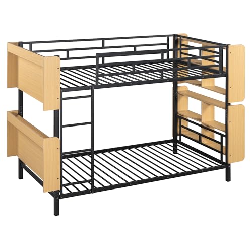 YOPTO Twin Over Twin Size Metal Bunk Bed with Ladder and Full-Length Guardrail,Modern Bunkbeds W/Storage Headboard and Foot Shelving,No Box Spring Needed,2 Assembly Options,for Teens,Bedroom,Black