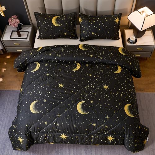 Caressma Black Comforter Moon Star Teen Boy Girl Galaxy Bedding Microfiber Twin Size Set 2 Pieces for All Seasons with Pillowcase Caressma