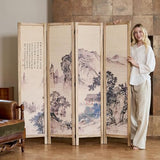 Svimi Asian Style Room Divider - 4 Panel Plum Blossom/Mountain/Calligraphy Design with Wood Frame, Freestanding Partition Screen (67″H x 64″W) (Nature, Calligraphy) Svimi