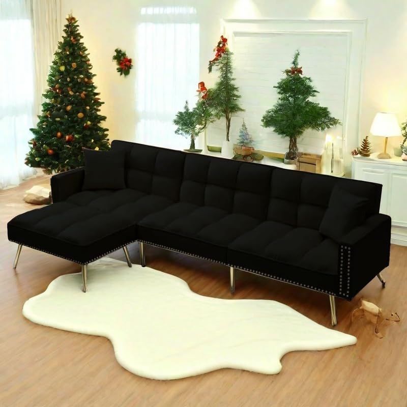 GlasFlength Sectional Couches for Living Room - Convertible Sleeper Sofa Bed, Reversible Chaise Lounge, Nailhead Decor L-Shaped Sectional Sofa Bed for Home, Office, Apartment - Black GlasFlength