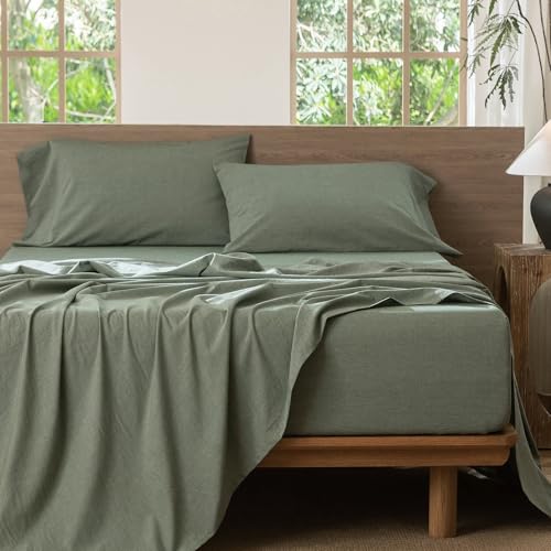 MooMee Bedding Sheet Set 100% Washed Cotton Linen Like Textured Breathable Durable Soft Comfy (Heathered Green, Queen) MooMee