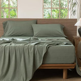 MooMee Bedding Sheet Set 100% Washed Cotton Linen Like Textured Breathable Durable Soft Comfy (Heathered Green, King) MooMee