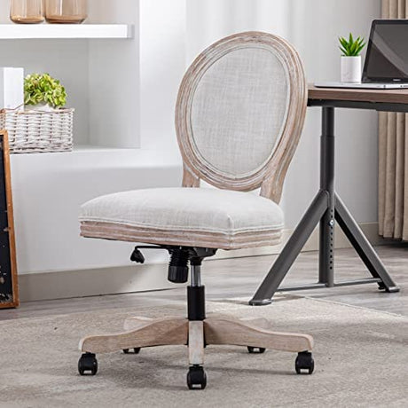 LukeAlon Vintage Linen Office Chair, Adjustable Height Swivel Task Chair with Wood Frame Armless Desk Chair with Wheels Upholstered Round Back Vanity Chair for Home Office Study Room, Beige LukeAlon