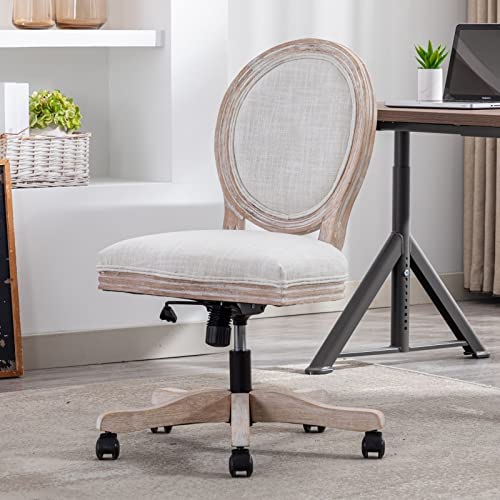 LukeAlon Vintage Linen Office Chair, Adjustable Height Swivel Task Chair with Wood Frame Armless Desk Chair with Wheels Upholstered Round Back Vanity Chair for Home Office Study Room, Beige LukeAlon
