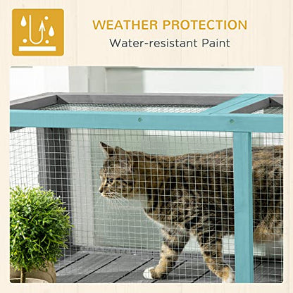 PawHut Outdoor Cat Tunnel with Extendable Design, 59" L Wooden Cat Run with Weather Protection, Connecting Inside and Outside, for Deck Patios, Balconies, Gray - WoodArtSupply