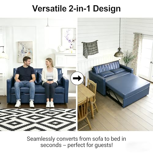 N NOORDENIYA 55'' Leather Sofa Bed, Pull Out Sleeper Sofa Couch Bed, Loveseat Sleeper, Futon Sofa Couch with Side Pocket, Convertible Sofa Bed for Living Room, Apartment, Bedroom, RV, Blue N NOORDENIYA