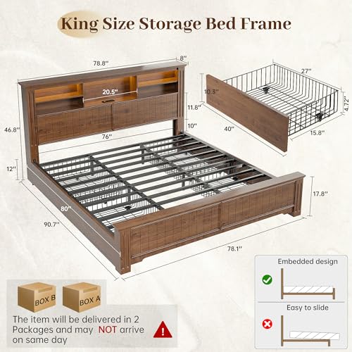 EnHomee King Size Bed Frame with 4 Storage Drawers, King Bed Frame and Headboard with LED Lights & Charging Ports,No Box Spring Needed,NO Noise,Wooden,Brown EnHomee