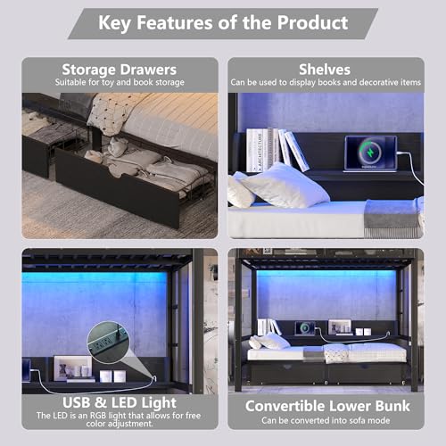 Full over Full Bunk Bed with Storage Drawers and Shelves, Metal Bunk Beds with Lights and USB Ports, Convertible Lower Bunkbed Full for Guest Room, Bedroom, Dorms, Multi-function and Noise-free, Black Bellemave
